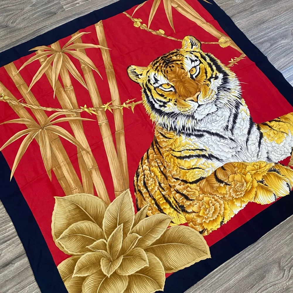 Vintage Salvatore Ferragamo Tiger Floral Square Silk Scarf - Picture 6 of 8